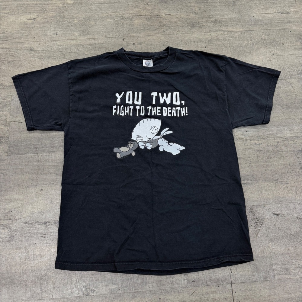 VTG Family Guy Stewie Fight To The Death  T-Shirt Mens L Black Graphic Tee Y2K